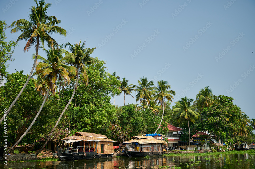 boat house on the waters of the backwaters of Kerala, sailing surrounded by palm trees