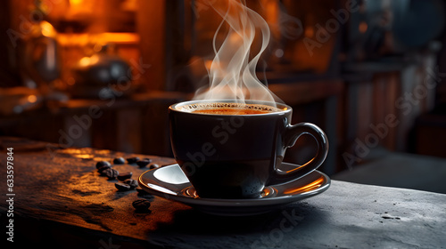 Closeup image of Cup of hot black coffee in Beans On table, cozy warm mood , black and brown tones, international coffee day