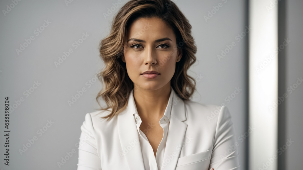 Strong businesswoman in a suit watching forward in the camera, neutral background. Strong businesswoman in a suit watching forward in the camera, neutral background.