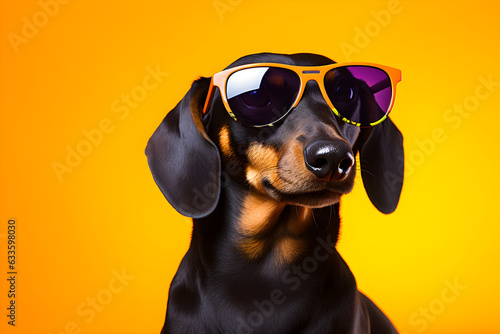 colourful portrait of dachshund wearing sunglasses