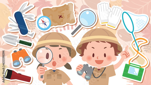 探検道具と探検隊の少年少女　秋バージョン