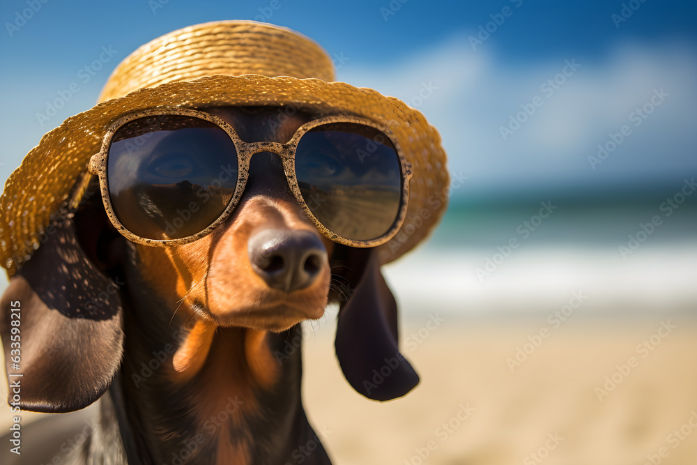 portrait of dachshund wearing sunhat and sunglasses on the beach