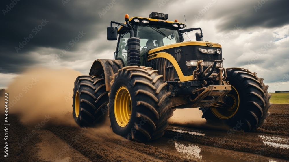 A big powerful wheeled tractor pulls the field. A big powerful wheeled tractor pulls the field.