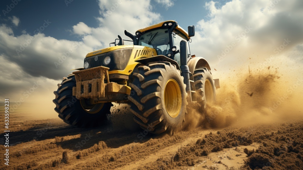A big powerful wheeled tractor pulls the field. A big powerful wheeled tractor pulls the field.