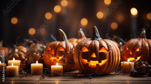 Halloween Pumpkin head jack lantern on wooden plank with burning candles on blurred background. Happy halloween celebration holiday banner concepts. Generative AI