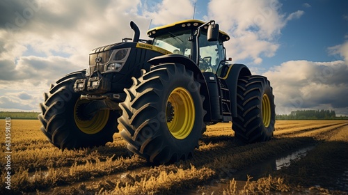  A big powerful wheeled tractor pulls the field.