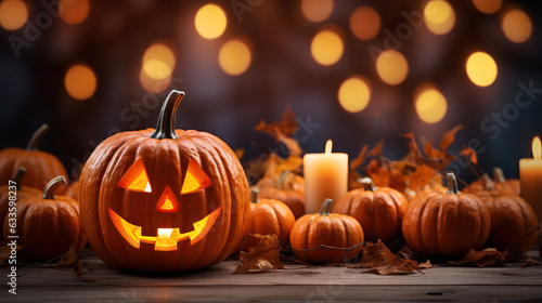 Halloween Pumpkin head jack lantern on wooden plank with burning candles on blurred background. Happy halloween celebration holiday banner concepts. Generative AI