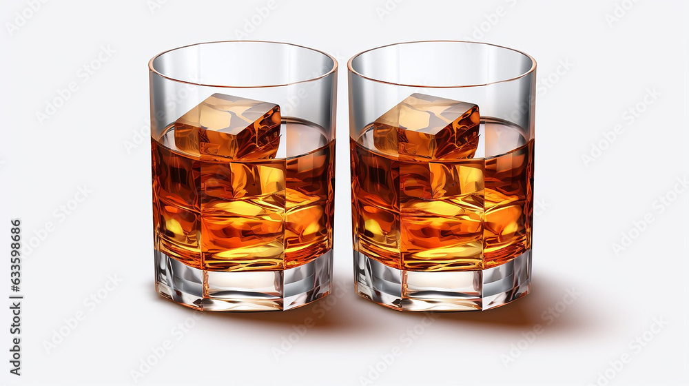 Set of Whiskey Glasses with Reflection on Isolated Background