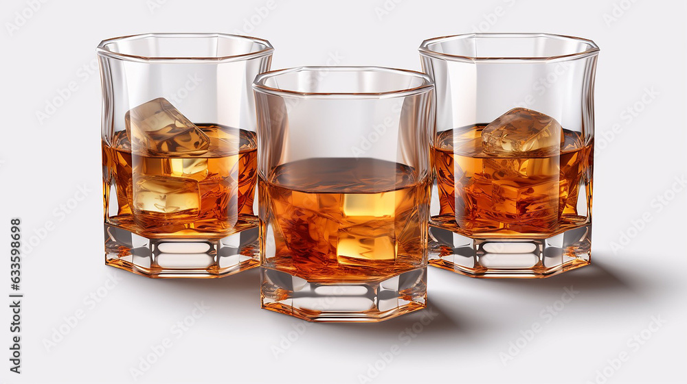 Set of Whiskey Glasses with Reflection on Isolated Background Set of Whiskey Glasses with Reflection on Isolated Background