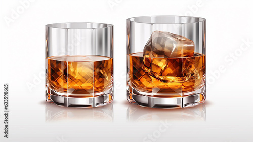 Set of Whiskey Glasses with Reflection on Isolated Background