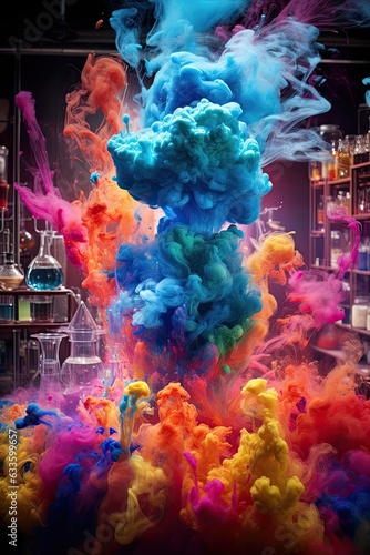 Chemical reaction causes colorful explosion in lab experiment. photo