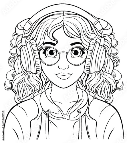 Woman portrait wearing headset listening to music doodle