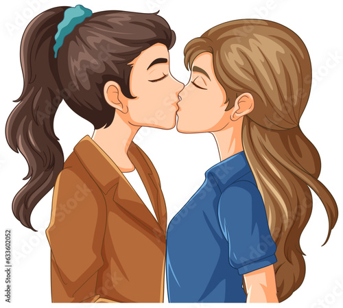 Lesbian couple kissing cartoon isolated