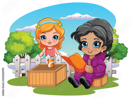 Cute Girl Reading Book in the Garden