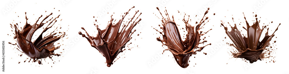 Set of melting chocolate burst explosion splash in the air. Isolated on transparent background Set of melting chocolate burst explosion splash in the air. Isolated on transparent background
