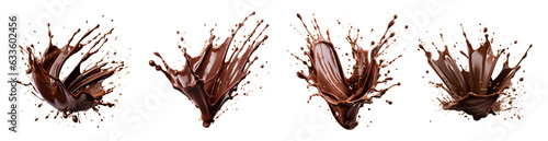 Set of melting chocolate burst explosion splash in the air. Isolated on transparent background