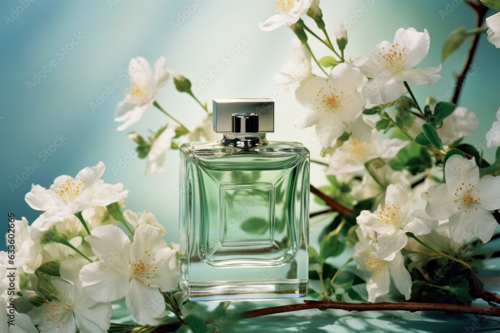 Advertisement for a perfume glass bottle. Sage and green colors, soft light. Jasmine Advertisement for a perfume glass bottle. Sage and green colors, soft light. Jasmine