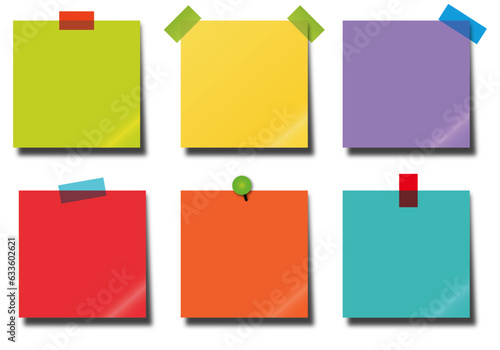 Post-it note set with glued tape, sticky note set. Post it notes collection with shadow isolated on transparent background.