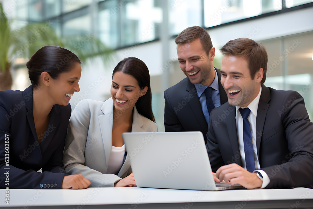 Cheerful business colleagues watching a presentation on a laptop Cheerful business colleagues watching a presentation on a laptop
