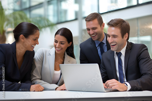 Cheerful business colleagues watching a presentation on a laptop