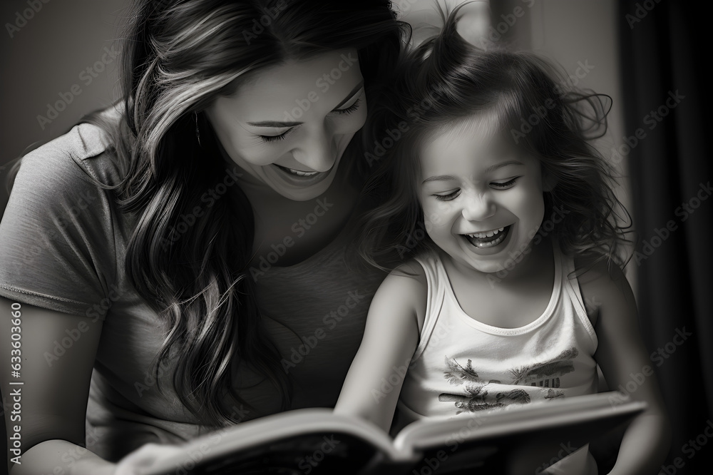 Preschool age girl laughs happily while sitting with her mother reading a story book Preschool age girl laughs happily while sitting with her mother reading a story book