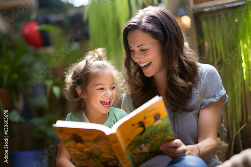Preschool age girl laughs happily while sitting with her mother reading a story book