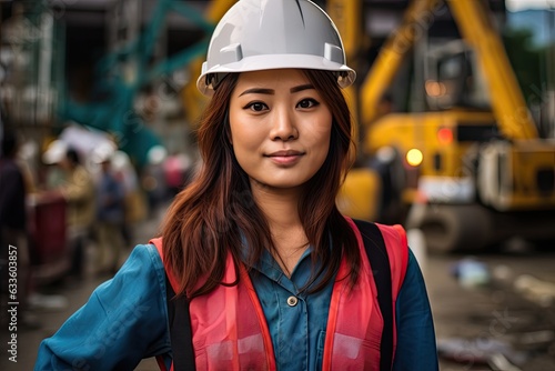 Young japan woman construction engineer working at the building site place background Generative AI .