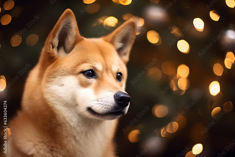 Christmas portrait of Shiba Inu with bokeh lights