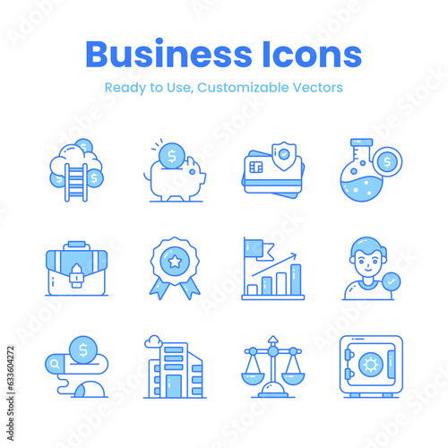 Get your hands on this beautifully designed business icons set in trendy style, ready to use vectors