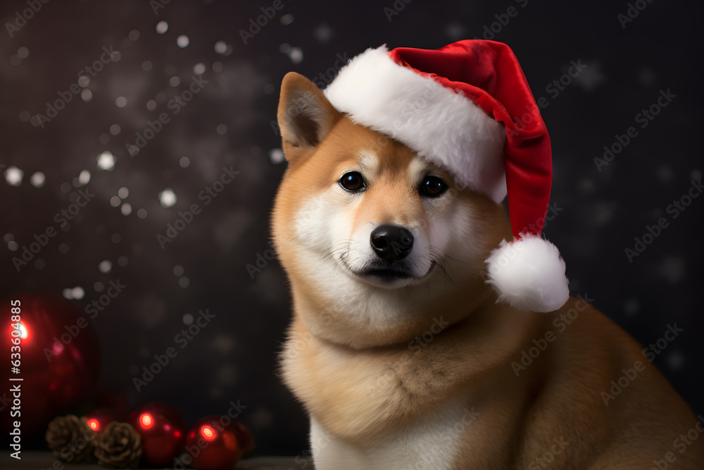 Christmas portrait of Shiba Inu wearing santa hat