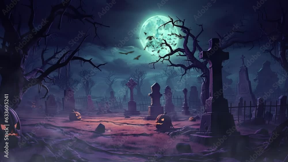 halloween night decorative with bat and moon background. seamless looping time-lapse virtual video animation background.