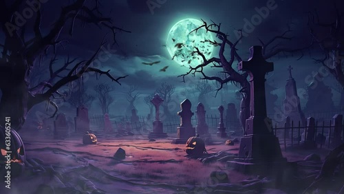 halloween night decorative with bat and moon background. seamless looping time-lapse virtual video animation background.