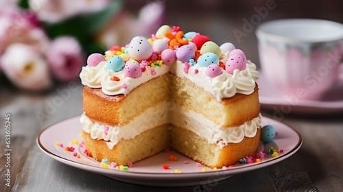 Easter Cake and colorful painted Eggs. Traditional Easter spring holiday food on wooden table background.