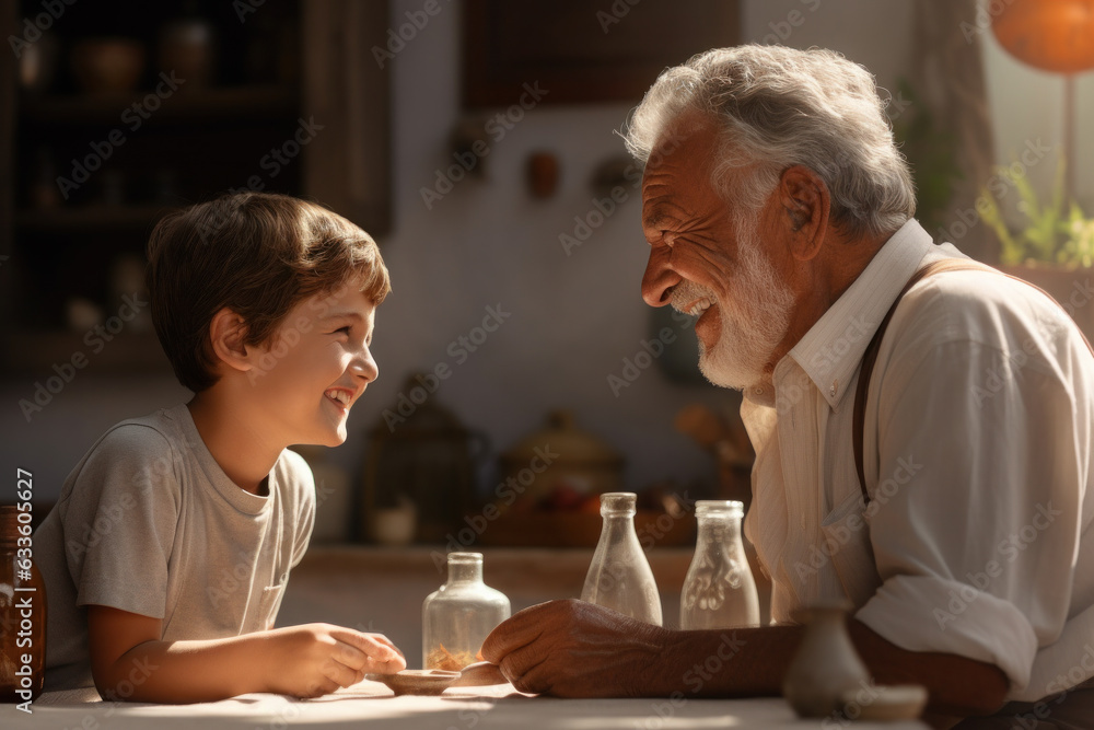 Grandfather and grandson having fun at table AI Generated Grandfather and grandson having fun at table AI Generated