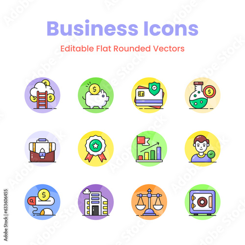 Get your hands on this beautifully designed business icons set in trendy style, ready to use vectors