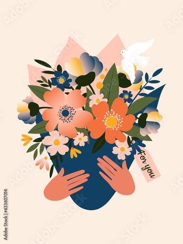 A beautiful bouquet of spring flowers in hands with a white dove of peace for you is isolated on a delicate light pink vertical background. 