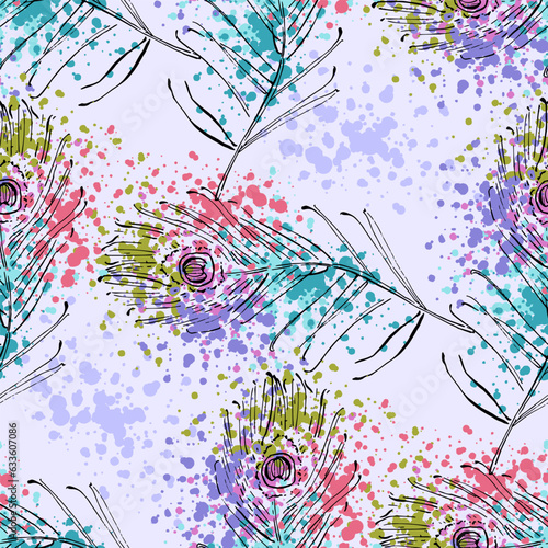 Seamless background pattern with abstract feathers. Vector illustration. Bohemian background from tribal repeating elements. Template for fabric in oriental style.