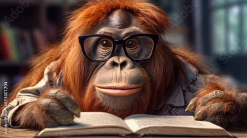 An Orangutan With glasses and a book , Background, Illustrations, HD