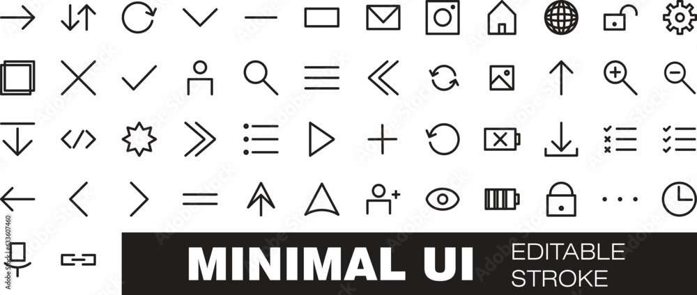 Basic User Interface Essential Set. 200 Line Outline Icons. For App, Web, Print. Editable Stroke. 2 Pixel Stroke Wide with Round Cap and Round Corner.