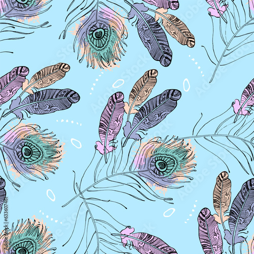 Seamless background pattern with abstract feathers. Vector illustration. Bohemian background from tribal repeating elements. Template for fabric in oriental style.