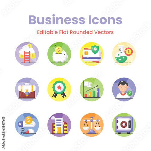 Get your hands on this beautifully designed business icons set in trendy style, ready to use vectors
