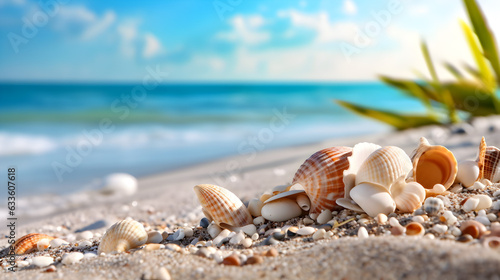 Landscape with seashells on tropical beach 