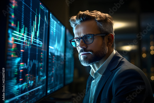 Portrait of stock market trader doing analysis of financial investment charts