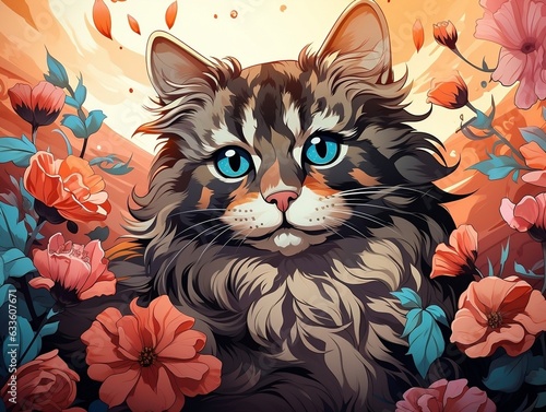 Black and white coloring page featuring a cute cat with large expressive eyes generative ai