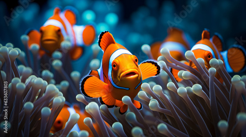 Stampa su tela Flock of standard clownfish and one colorful fish