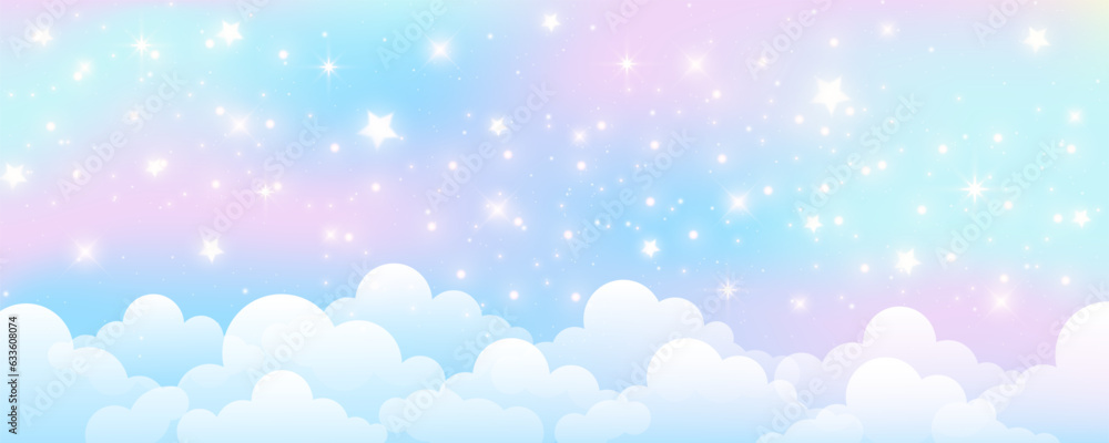 Pink and blue sky. Pastel gradient background with fluffy clouds. Abstract vector blurred illustration. Sunny heaven panorama wallpaper