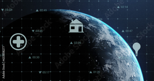 Image of multiple digital icons over grid network against spinning globe in space