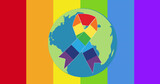 Image of lgbtq rainbow ribbon over globe over rainbow background
