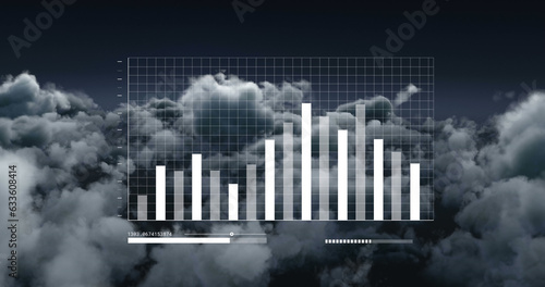 Image of financial data processing over sky with clouds