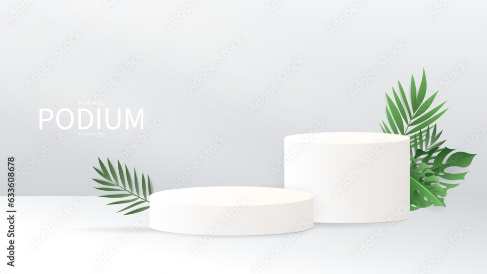 3D White Podium with Palm Leaf on Background products display , Abstract Vector rendering 3d, Product display presentation,Stage for showcase, Vector illustration EPS 10 3D White Podium with Palm Leaf on Background products display , Abstract Vector rendering 3d, Product display presentation,Stage for showcase, Vector illustration EPS 10